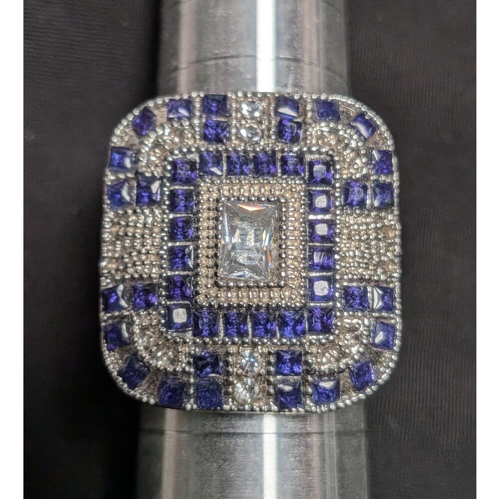 Statement Ring Women 9.5 Silver Tone Blue Baguette Stones Cocktail Chunky